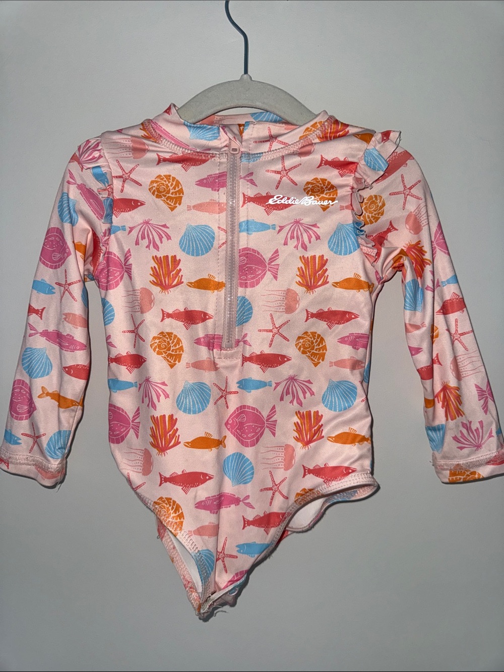 Eddie Bauer Pink Seashell & Fish Print Long-Sleeve One-Piece Swimsuit